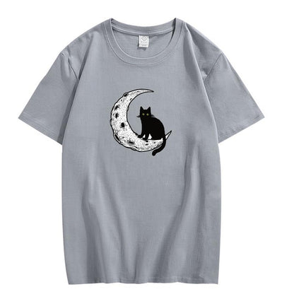 CORIRESHA Camiseta unisex de manga corta con cuello redondo y diseño de gato lunar, informal, de algodón suave