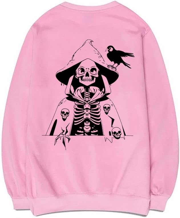 CORIRESHA Women's Skull Print Long Sleeve Crewneck Casual Cozy Cotton Halloween Sweatshirt