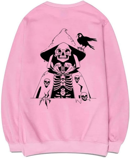 CORIRESHA - Sudadera de algodón para mujer con estampado de calavera de manga larga y cuello redondo