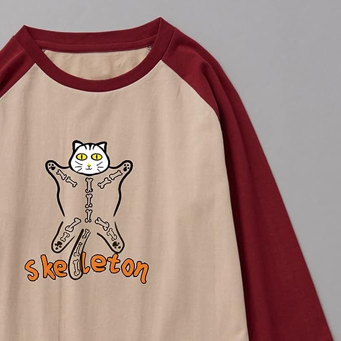 CORIRESHA Disfraz de Halloween con diseño de esqueleto de gatos divertidos, manga raglán 3/4, camiseta gótica