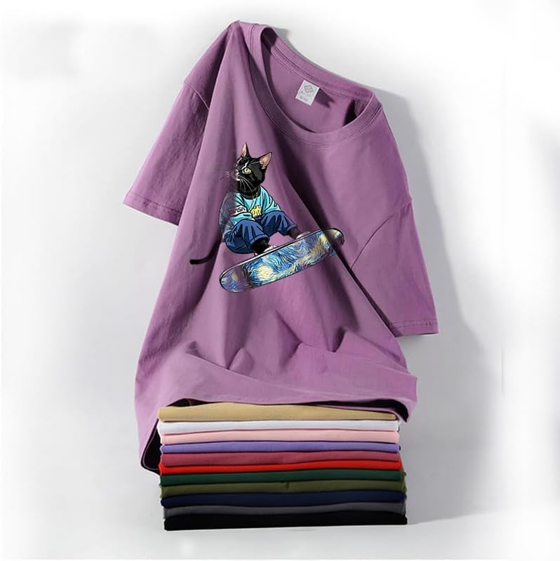 CORIRESHA Camiseta de algodón suelta de manga corta con cuello redondo y diseño de gato lindo para mujer