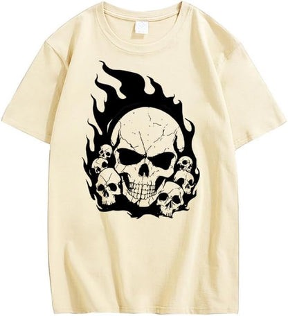 CORIRESHA Camiseta de Halloween estética Y2K de manga corta con cuello redondo y llama de calavera adolescente