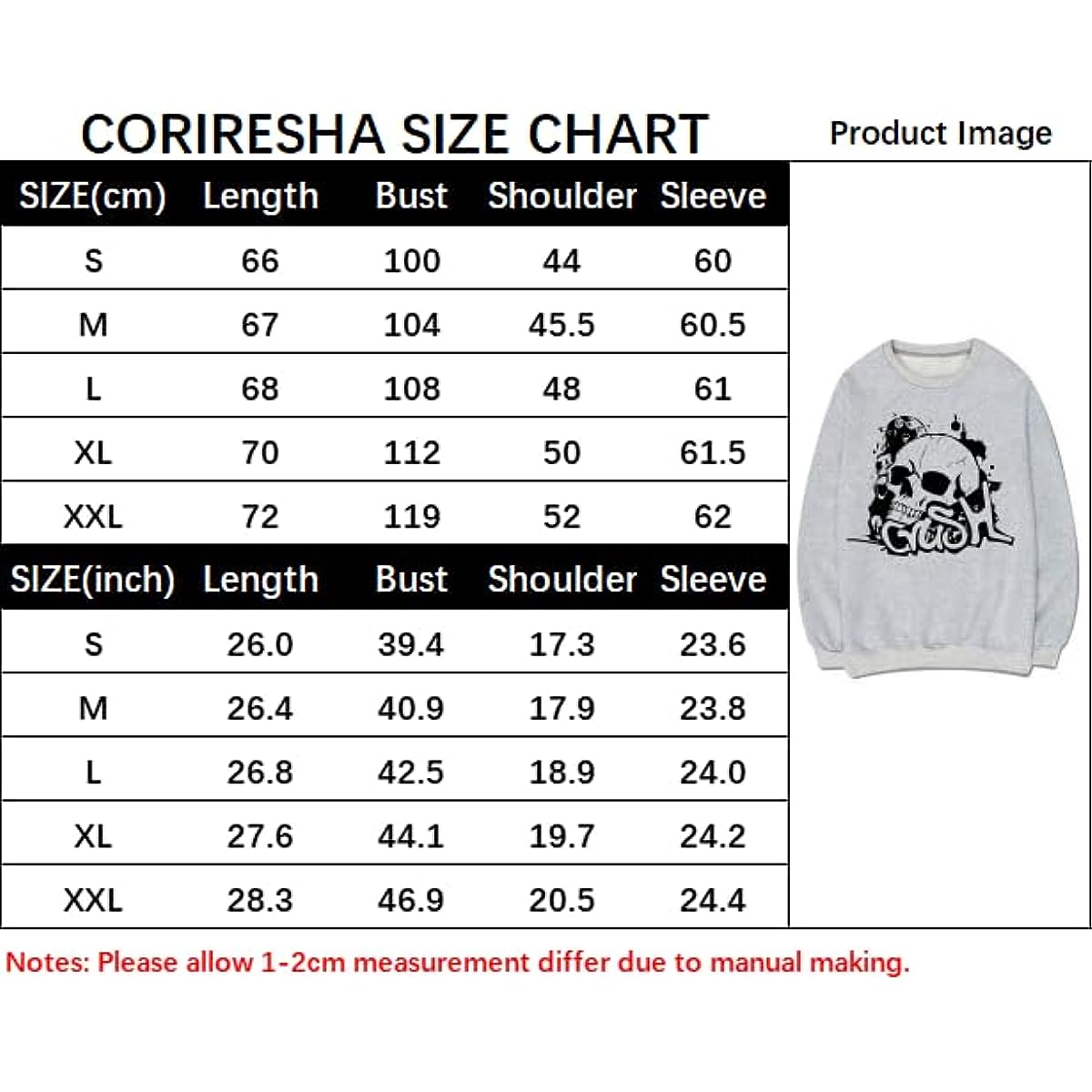 CORIRESHA Sudadera unisex con diseño de calavera, cuello redondo, manga larga, Y2K, estética gótica