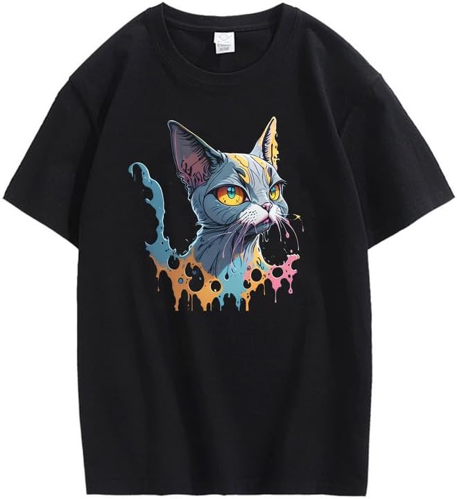 CORIRESHA Unisex Cute Cat Casual Short Sleeve Paint Splatter Cotton T-Shirt