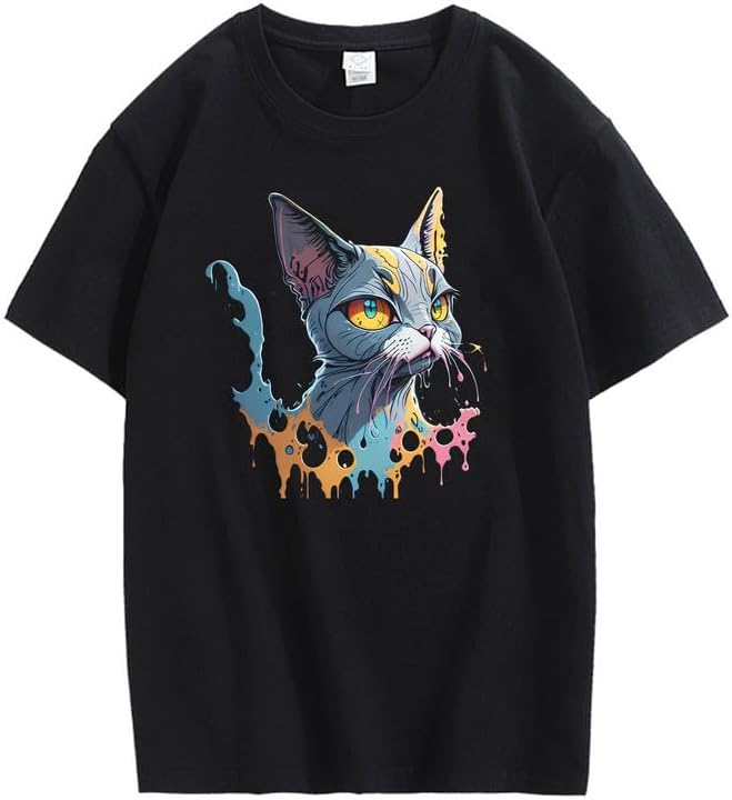 CORIRESHA Camiseta unisex de algodón con estampado de pintura de manga corta y diseño de gato lindo