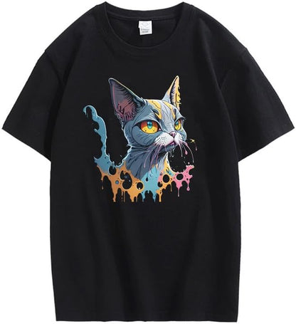 CORIRESHA Camiseta unisex de algodón con estampado de pintura de manga corta y diseño de gato lindo
