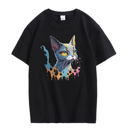 CORIRESHA Camiseta unisex de algodón con estampado de pintura de manga corta y diseño de gato lindo