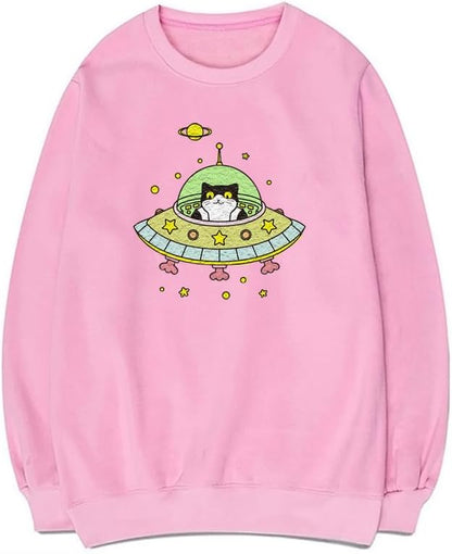 CORIRESHA Space Lover Sweatshirt Crew Neck Long Sleeve Cute Cat Spaceship Pullover