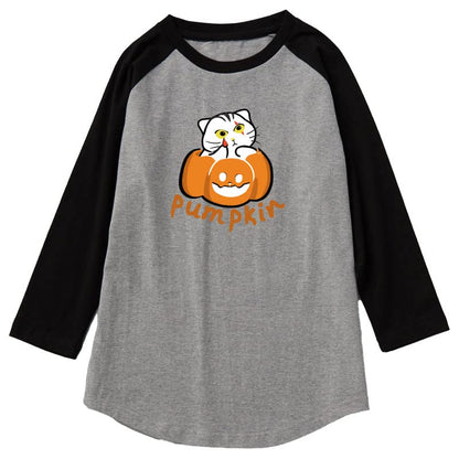 CORIRESHA Funny Cats Pumpkin Camiseta Mangas raglán 3/4 Disfraz de Halloween unisex