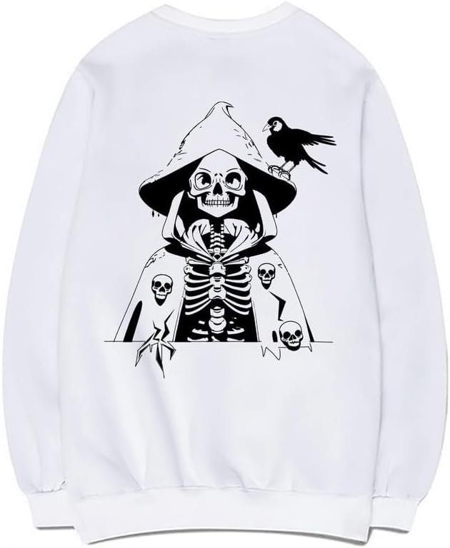 CORIRESHA - Sudadera de algodón para mujer con estampado de calavera de manga larga y cuello redondo