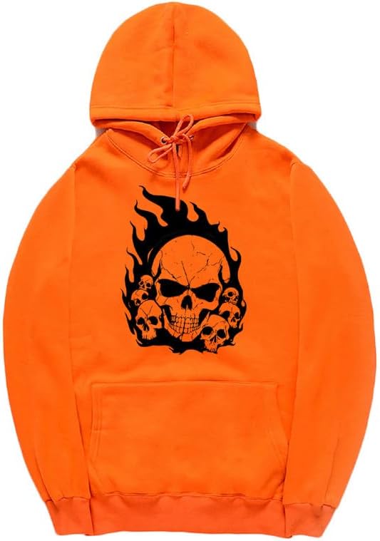 CORIRESHA Teen Halloween Skull Hoodie Long Sleeve Drawstring Y2K Aesthetic Flame Sweatshirt