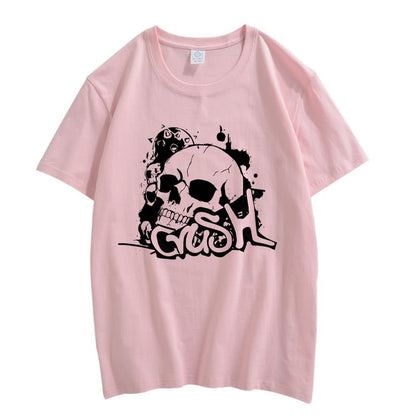 CORIRESHA Camiseta gótica de Halloween de algodón de manga corta con cuello redondo y gráfico Y2K de calavera adolescente