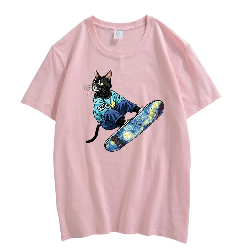 CORIRESHA Camiseta de algodón suelta de manga corta con cuello redondo y diseño de gato lindo para mujer