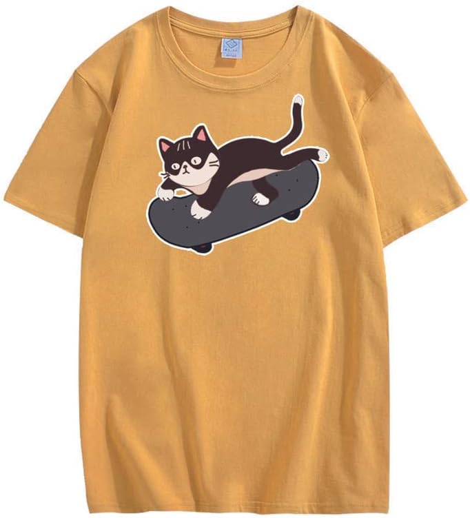 CORIRESHA Lindo monopatín gato gráfico cuello redondo manga corta acogedora camiseta adolescente