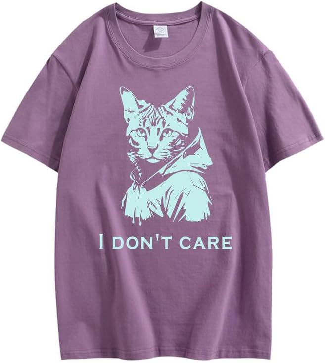 CORIRESHA Unisex Cute Cat Print Crew Neck Short Sleeve Casual Letter Cotton T-Shirt