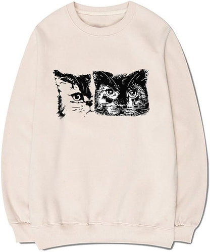 CORIRESHA Cute Cat Face Crew Neck Long Sleeve Cotton Basic Pullover Sweatshirt