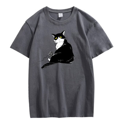 CORIRESHA Teen's Cute Cat T-Shirt Casual Crew Neck Short Sleeve Cotton Loose Top