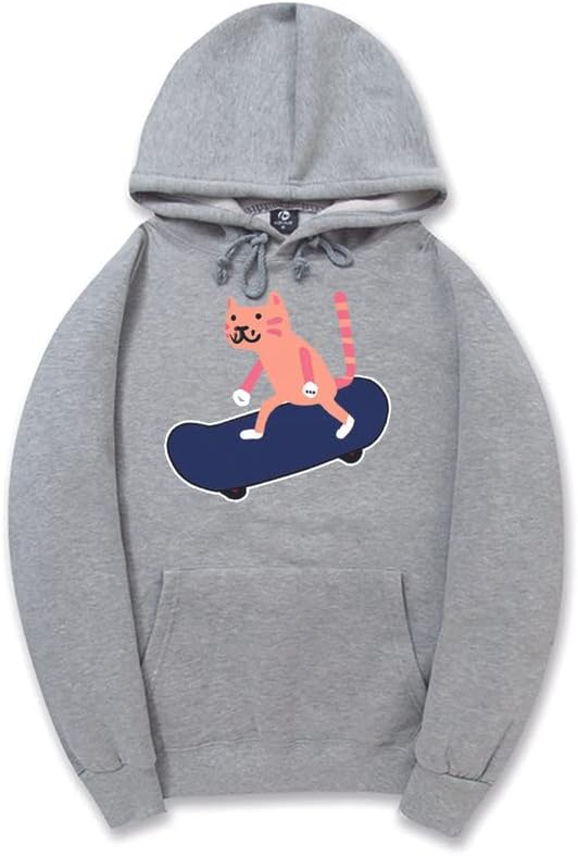 CORIRESHA Sudadera con capucha unisex con diseño de gato y monopatín de dibujos animados, informal, de manga larga, acogedora sudadera de algodón