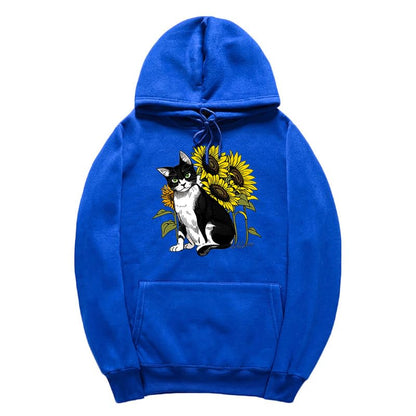 CORIRESHA Cute Cat Hoodie Casual Long Sleeve Drawstring Sunflower Sweatshirt