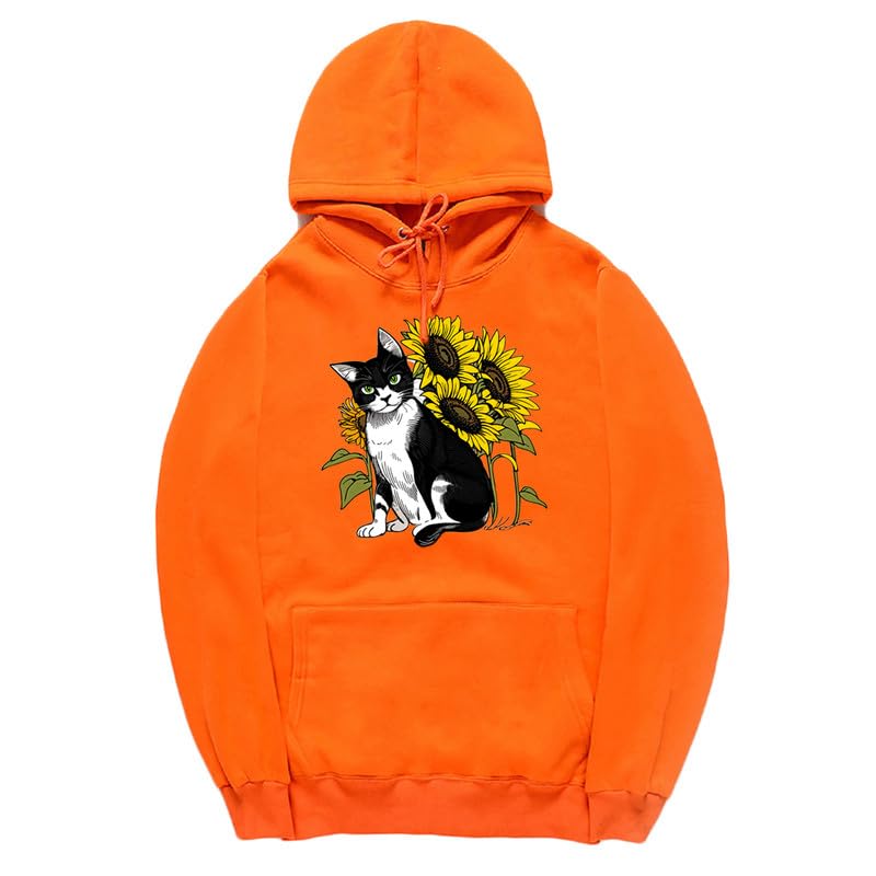 CORIRESHA Cute Cat Hoodie Casual Long Sleeve Drawstring Sunflower Sweatshirt