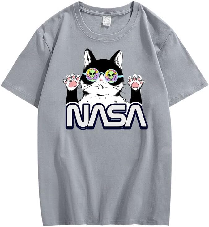 CORIRESHA Teen's NASA T-Shirt Casual Crewneck Short Sleeve Cute Cat Top