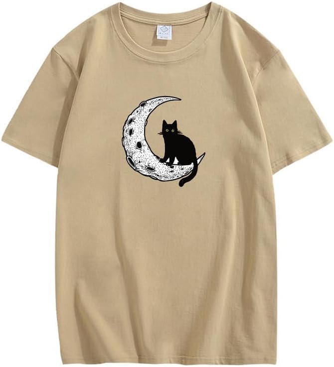 CORIRESHA Camiseta unisex de manga corta con cuello redondo y diseño de gato lunar, informal, de algodón suave