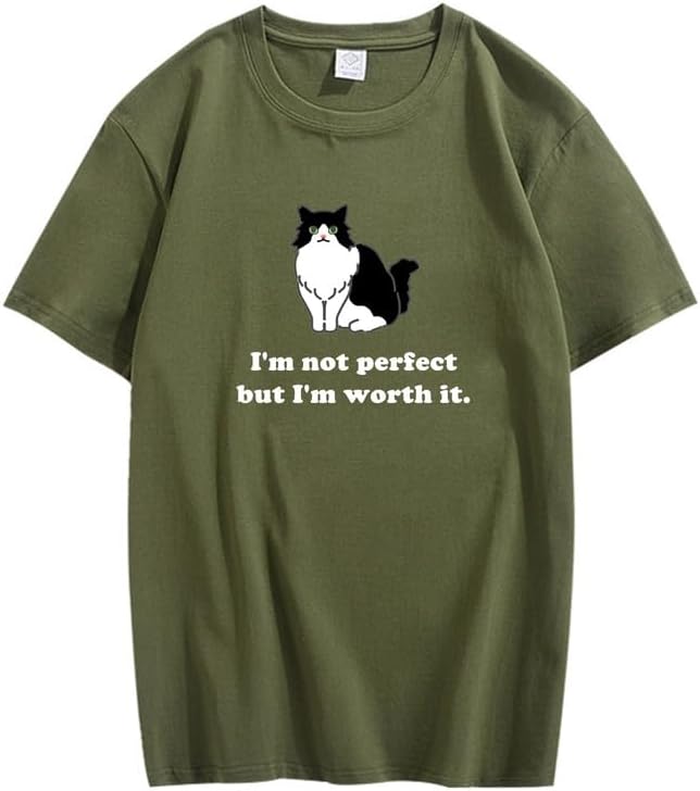 CORIRESHA Camiseta personalizada de algodón suelta casual de manga corta con cuello redondo de gato lindo para mujer