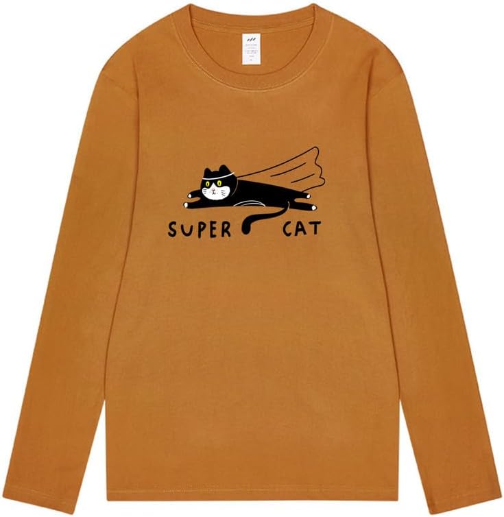 CORIRESHA Unisex Funny Run Cat Crewneck Long Sleeves Cozy Cotton Cute T-Shirts