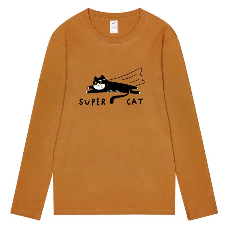 CORIRESHA Unisex Funny Run Cat Crewneck Long Sleeves Cozy Cotton Cute T-Shirts