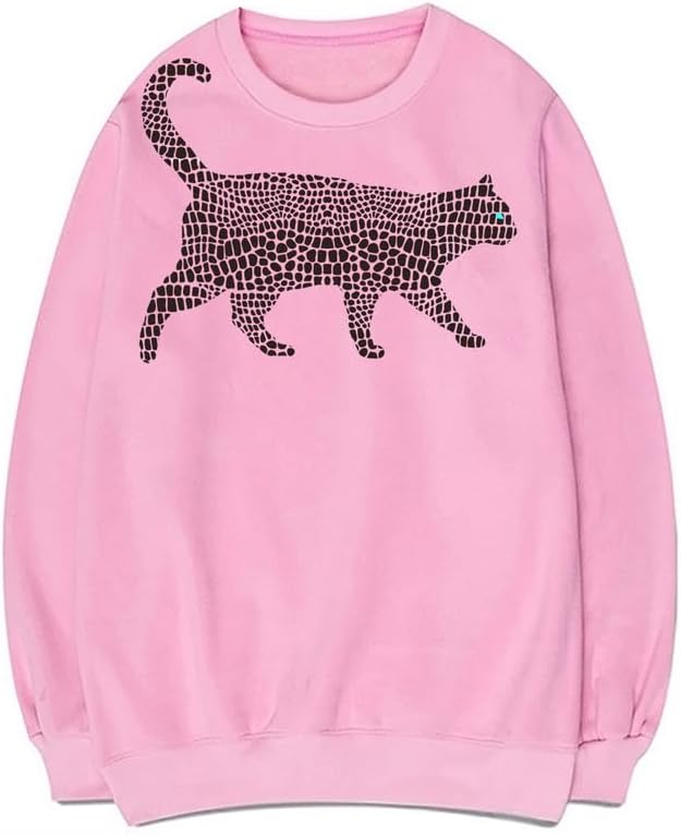 CORIRESHA Spotted Cat Crewneck Long Sleeve Cotton Cute Animal Pullover Sweatshirt