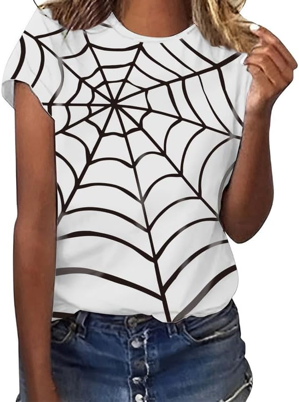 CORIRESHA Women's Y2K Spider Web T-Shirt Short Sleeve Crewneck Casual Halloween Top