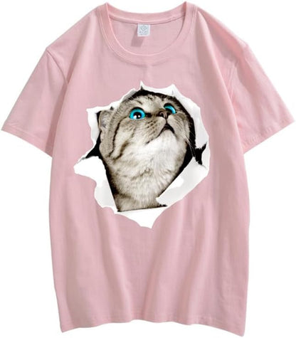 CORIRESHA Cat Lover Camiseta Cuello Redondo Manga Corta Suelta Algodón Suave Adolescente Lindo Top