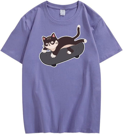 CORIRESHA Lindo monopatín gato gráfico cuello redondo manga corta acogedora camiseta adolescente