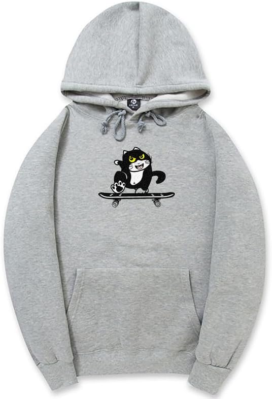 CORIRESHA Cute Cat Skateboard Long Sleeve Drawstring Kangaroo Pocket Hoodie Sweatshirt