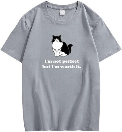 CORIRESHA Camiseta personalizada de algodón suelta casual de manga corta con cuello redondo de gato lindo para mujer