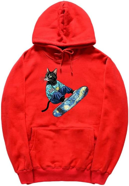 CORIRESHA Unisex Cute Cat Hoodie Casual Long Sleeve Drawstring Basic Skateboarding Sweatshirt