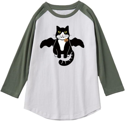 CORIRESHA Youth Cute Cat T-Shirt 3/4 Raglan Sleeves Funny Halloween Costume