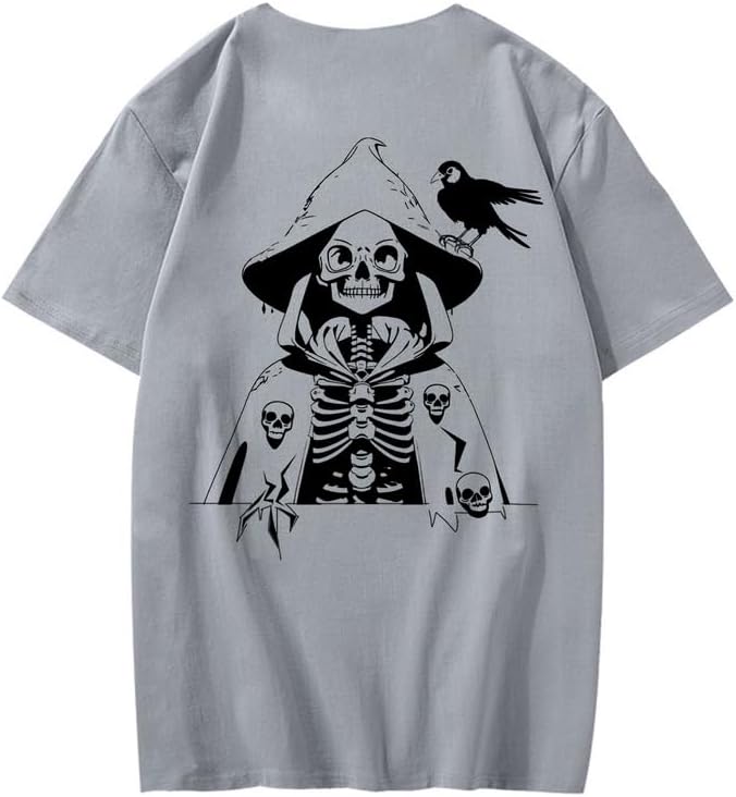 CORIRESHA Camiseta con estampado de calavera para adolescentes, cuello redondo, manga corta, informal, de algodón, disfraz de Halloween