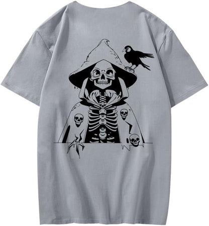 CORIRESHA Camiseta con estampado de calavera para adolescentes, cuello redondo, manga corta, informal, de algodón, disfraz de Halloween