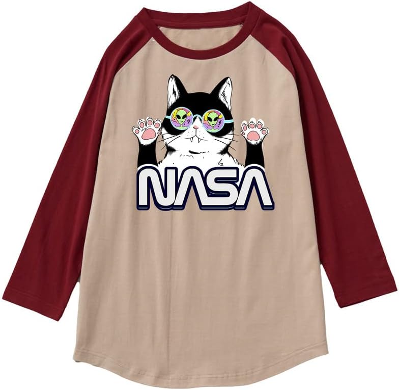 CORIRESHA Cat Lover Cute Top Mangas raglán Casual Color Block Unisex Camiseta de la NASA