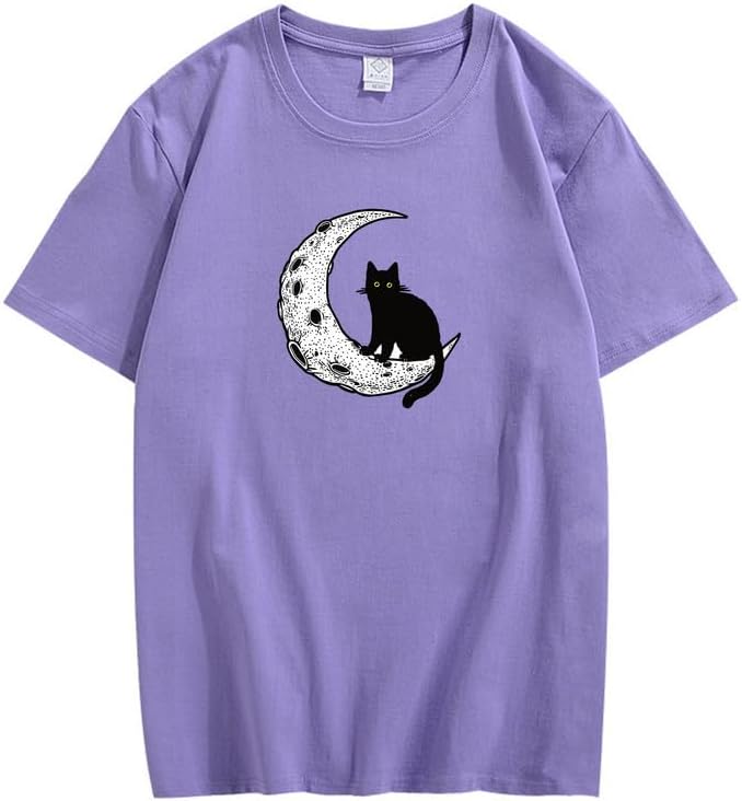 CORIRESHA Camiseta unisex de manga corta con cuello redondo y diseño de gato lunar, informal, de algodón suave