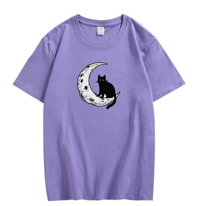 CORIRESHA Camiseta unisex de manga corta con cuello redondo y diseño de gato lunar, informal, de algodón suave