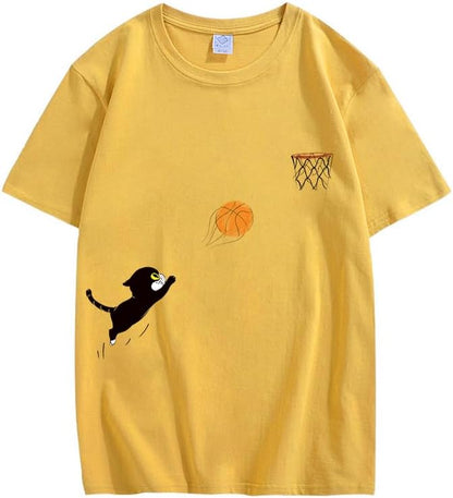 CORIRESHA Teen Cute Cat Basketball Crew Neck Short Sleeve Loose Soft Cotton T-Shirt