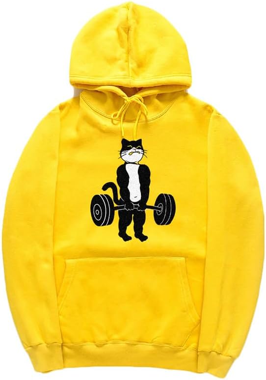 CORIRESHA Unisex Weightlifting Cat Hoodie Long Sleeve Drawstring Kangaroo Pocket Cotton Sweatshirt