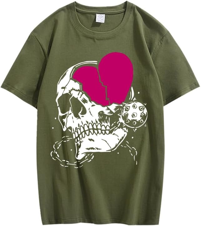 CORIRESHA Teen Cute Heart Crewneck Short Sleeve Casual Summer Cotton Skull T-Shirt