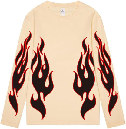 CORIRESHA Teen Fashion Flame Pattern Crewneck Long Sleeve Y2K Fall T-Shirt Top