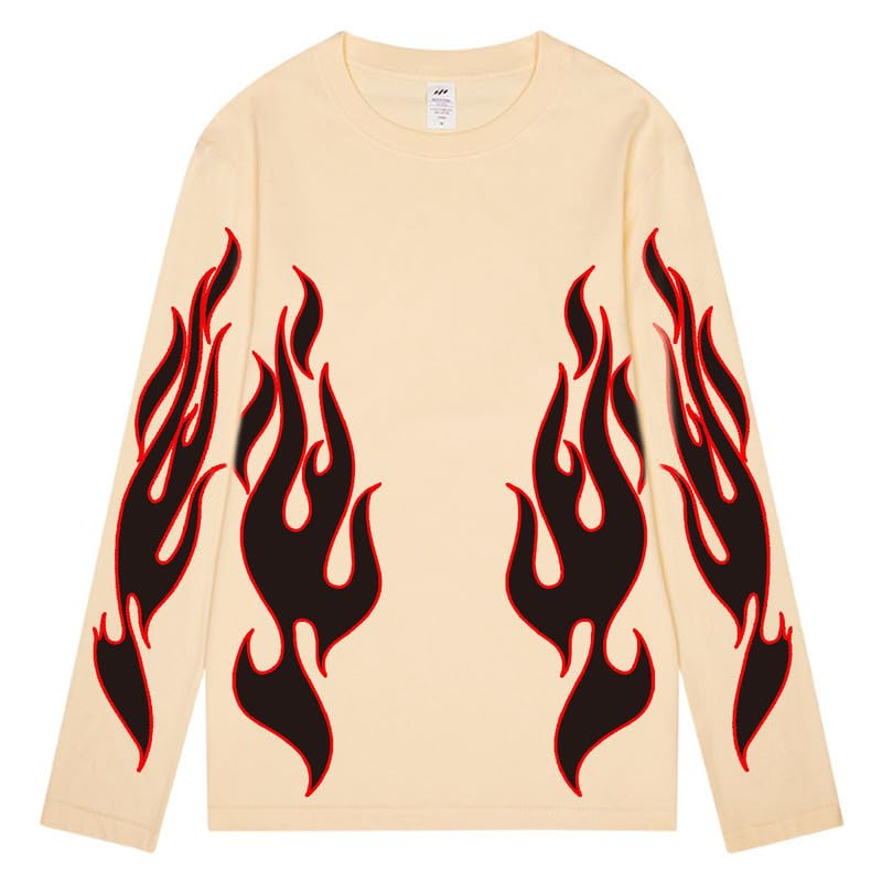 CORIRESHA Teen Fashion Flame Pattern Crewneck Long Sleeve Y2K Fall T-Shirt Top