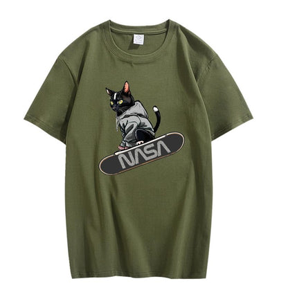 CORIRESHA Camiseta holgada informal de manga corta con cuello redondo y monopatín de gato para mujer