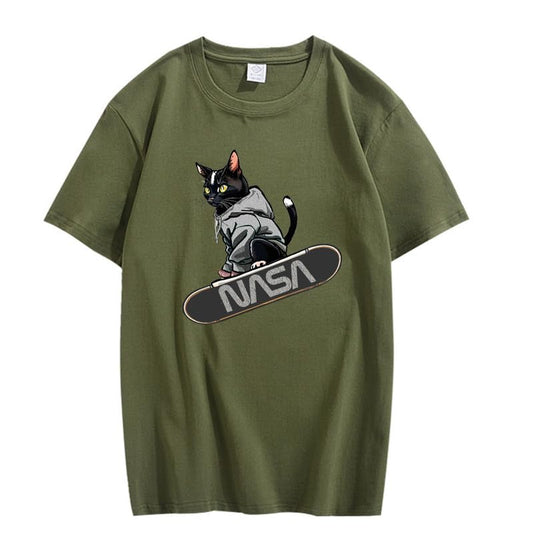 CORIRESHA Camiseta holgada informal de manga corta con cuello redondo y monopatín de gato para mujer