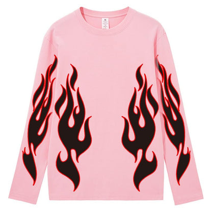 CORIRESHA Teen Fashion Flame Pattern Crewneck Long Sleeve Y2K Fall T-Shirt Top